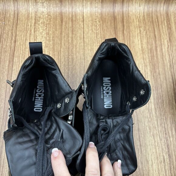 MOSCHINO LOGO LEATHER HIGH-TOP SNEAKERS BLACK CAMO BUCKLES MEN'S SIZE EU 42 US 9 - Picture 7 of 9
